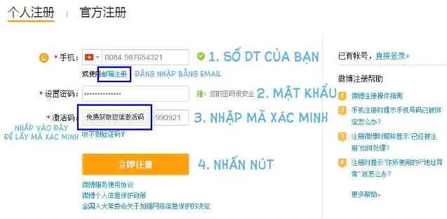 Hướng dẫn đăng ký Weibo với SĐT Việt Nam nhanh chóng